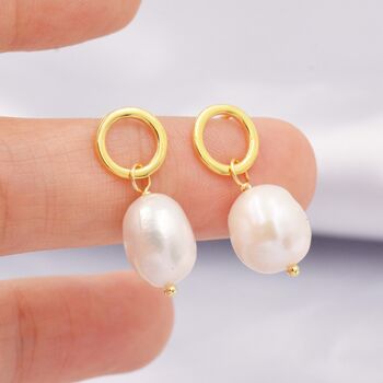 Sterling Silver Circle With Dangling Baroque Pearl Drop Stud Earrings, 2 of 12