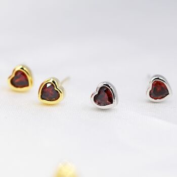 Tiny Garnet Red Cz Heart Stud Earrings, 4 of 12