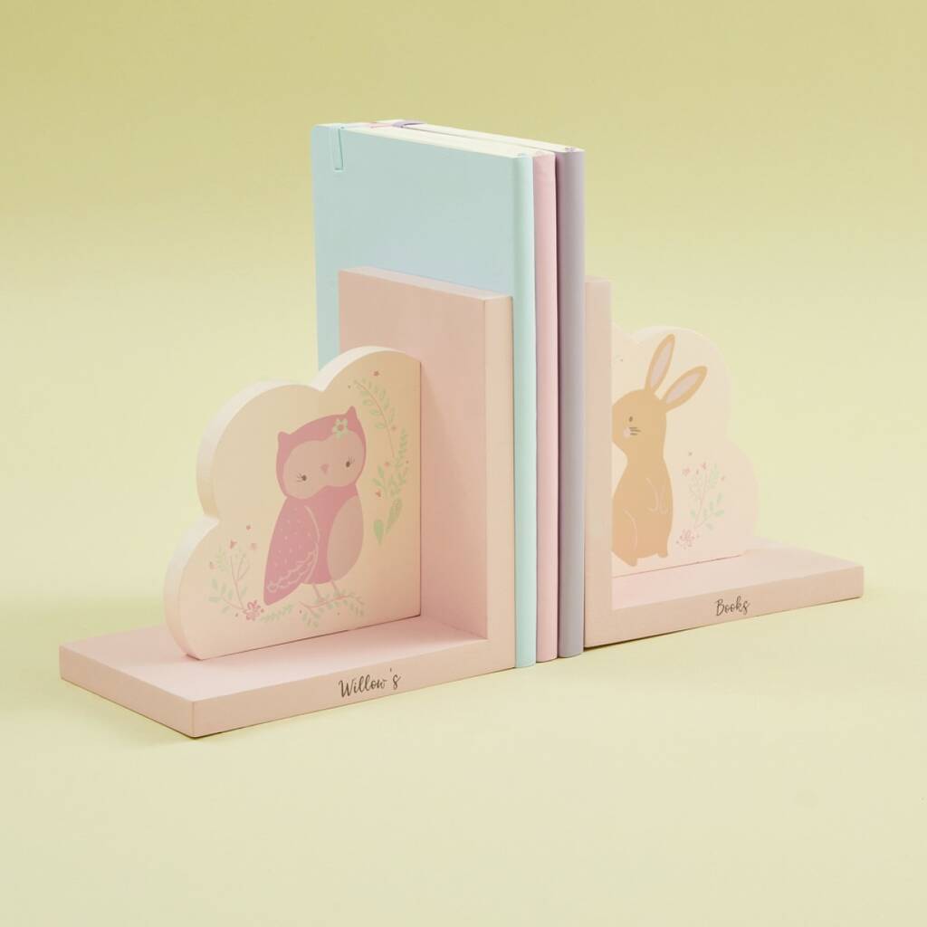 Personalised Pink Woodland Wooden Bookends By My 1st Years