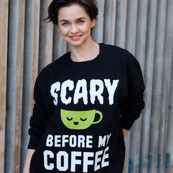 Scary Before Coffee Women’s Halloween Slogan Sweatshirt, 2 of 4