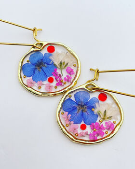 Real Blue Pink Flowers Drop Earrings Hand Made Small, 2 of 8
