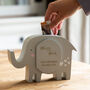 Personalised Elephant Money Box Welcome To The World, thumbnail 1 of 6