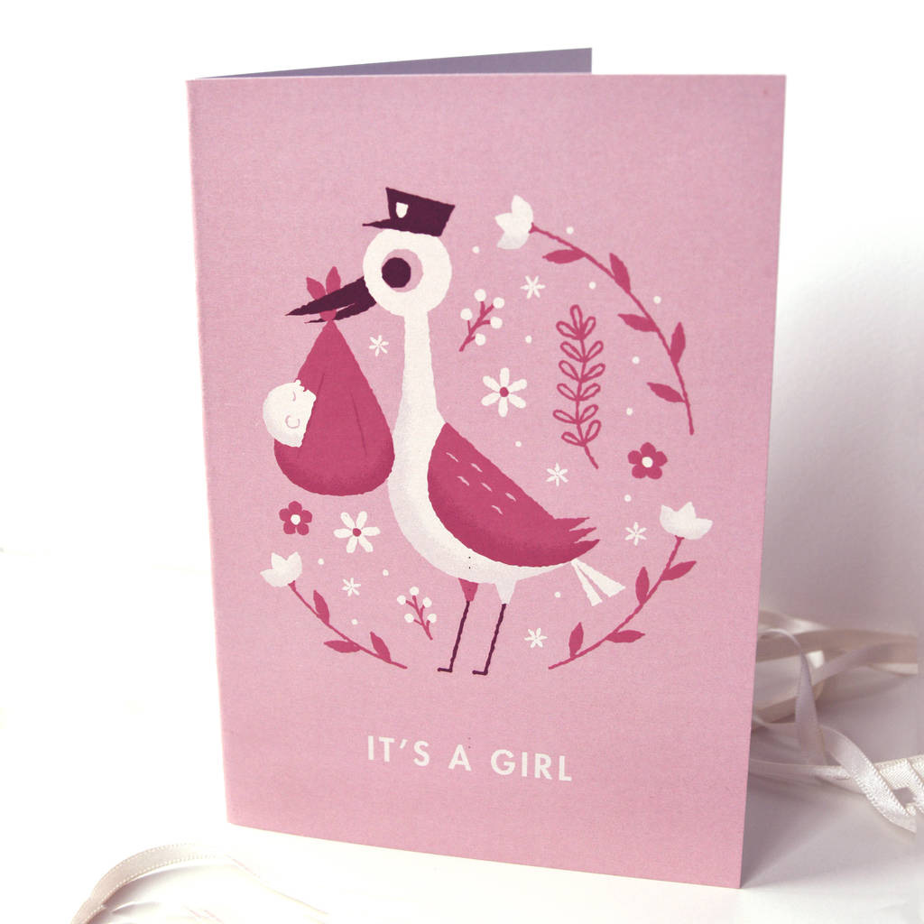 'It's A Girl' Illustrated Stork New Baby Card, 1 of 3