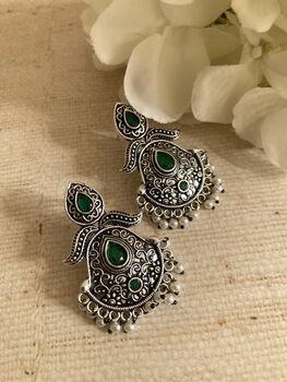 Emerald Green Stone Oxidised Indian Earrings, 4 of 6
