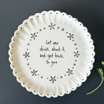 East Of India Porcelain Scallop Coaster Gift With Quote 'Let Me Drink About It', 3 of 4
