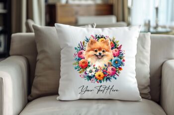 Personalised Pomeranian Summer Floral Dog Wreath Cushion And Mug Gift Bundle, 4 of 4