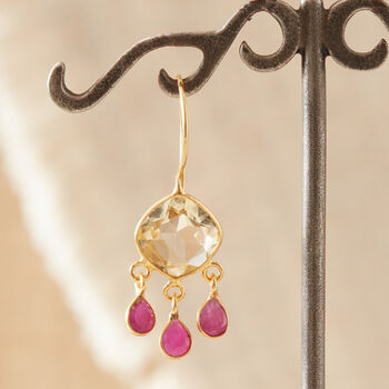 Citrine And Ruby Gold And Silver Dangly Drop Earrings, 7 of 11