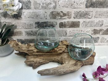 Teak Root Wooden Display With Double Molten Glass Bowls, 8 of 11