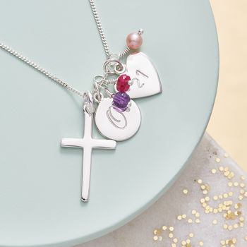 Silver Cross Birthstone Personalised Necklace, 3 of 12