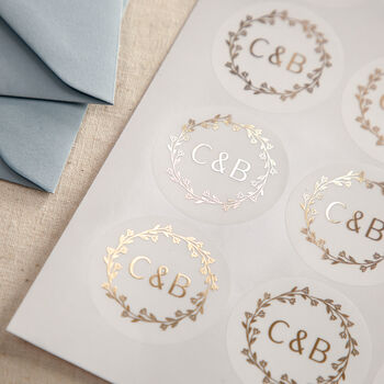 Initials And Wreath Foiled Wedding Stickers, 2 of 3