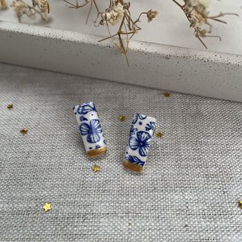 Blue And Gold Floral Ceramic Bar Stud Earrings, Minimalist Rectangular Studs, 3 of 10