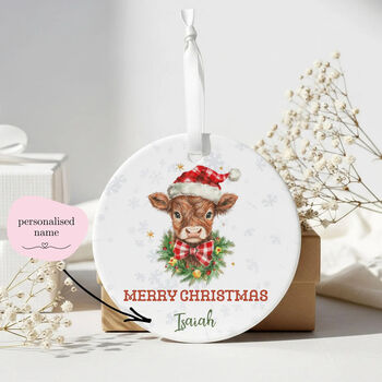 Custom Highland Cow Merry Christmas Ceramic Ornament, 5 of 10