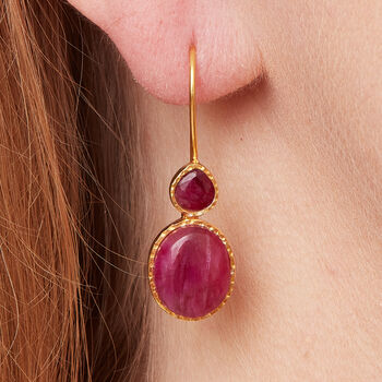 Ruby Cabochon Gold Plated Silver Double Drop Earrings, 9 of 11