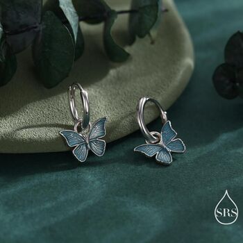 Sterling Silver Blue Butterfly Huggie Hoops, 5 of 10