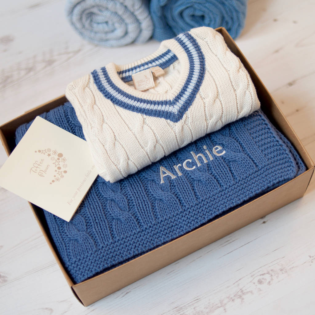 baby cricket jumper and cable blanket gift set by toffee moon