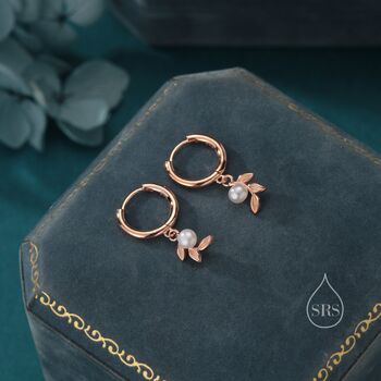 Sterling Silver Tiny Leaf And Natural Pearl Huggie Hoop Earrings, 6 of 11