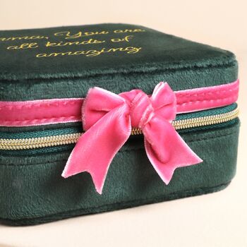 Personalised Green And Pink Velvet Bow Square Travel Jewellery Case, 3 of 3