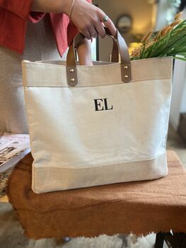 Personalised Natural Jute Shopper With Leather Handles, 8 of 10