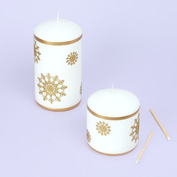 G Decor Snow White Pillar Candle With Gold Snowflakes, 3 of 7