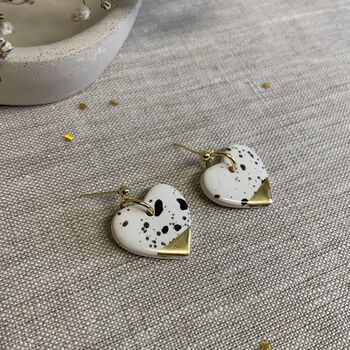 Black And White Ceramic Heart Earrings 22k Gold Lustre, 7 of 7
