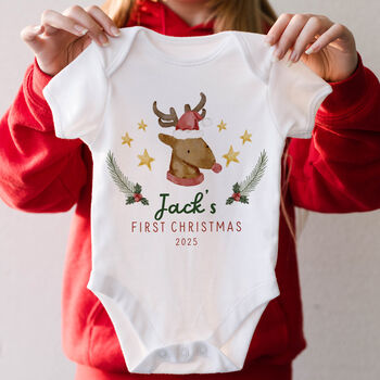 Personalised Baby’s First Christmas Gift Reindeer Bodysuit, 2 of 6