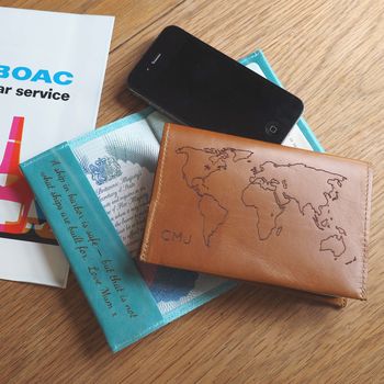 Personalised Leather Passport Holder With World Map, 2 of 12