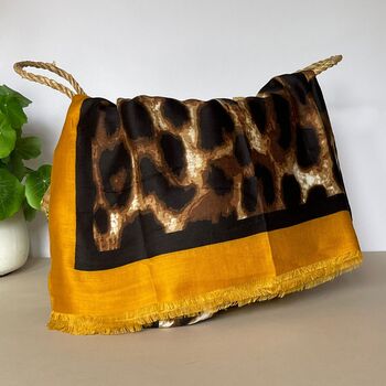 Leopard Print Scarf With Contrast Border In Mustard, 4 of 4