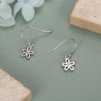 Sterling Silver Two Tone Daisy Flower Drop Earrings With Hooks, 5 of 10
