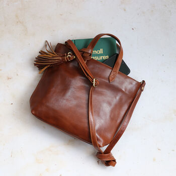 Leather Shoulder Bag With Tassel, Tan, 3 of 6