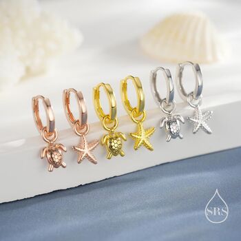 Sterling Silver Mismatched Sea Turtle And Starfish Huggie Hoops, 6 of 12