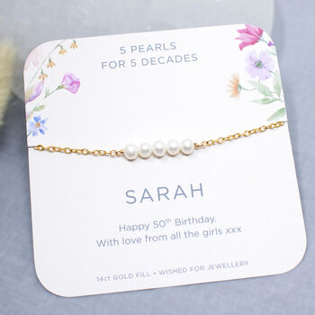 50th Birthday Pearl Bracelet 14ct Gold Fill With Personalised Card, 2 of 5