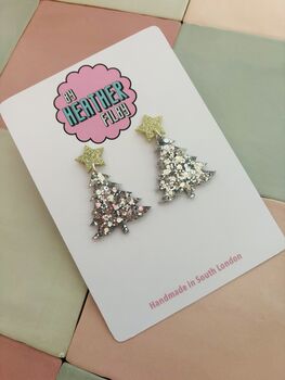Silver Glitter Christmas Tree With Star Earrings / Festive Jewellery Sparkly Tree With Gold Star / Winter Style Jewellery Shimmering Icy Forest Dangles / Christmas Gift Bold Sparkly Festive Accessories, 2 of 5