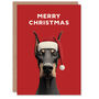 Doberman Dog Cute Pet Wearing Santa Hat Christmas Card, thumbnail 1 of 4