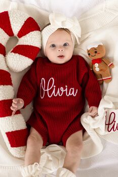 Christmas Embroidered Personalised New Baby Knitted Romper, 3 of 12