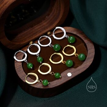 Dangle Jade Huggie Hoops Earrings In Sterling Silver, 2 of 12