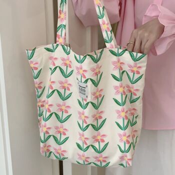 Extra Large Floral Daisy Tote Bag, Rose Canvas Shoulder Bag, 4 of 10