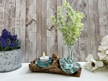 Molten Glass Mini Vase And Tealight Set On Teak Root Base, 2 of 12