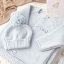 Luxury Storm Blue Bobble Hat And Cardigan Baby Gift Set, thumbnail 3 of 12