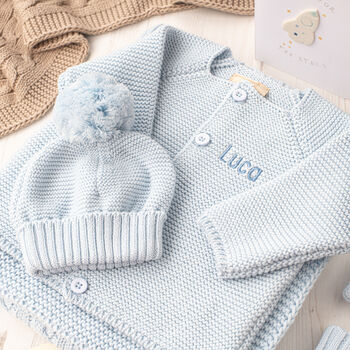 Luxury Storm Blue Bobble Hat And Cardigan Baby Gift Set, 3 of 12