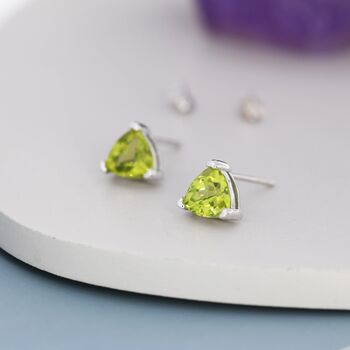 Sterling Silver Genuine Peridot Trillion Cut Stud Earrings, 7 of 12