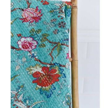 Teal Exotic Flower Print Kantha Throw, 3 of 5