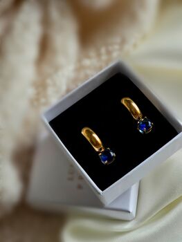 Gold Sapphire Blue Hoop Earrings In 18k Gold Plated C Hoop Studs Waterproof Jewellery, 3 of 3