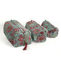 Pink And Blue Floral Block Print Cotton Washbag, Make Up Bag, With Waterproof Lining Set Of Three, thumbnail 2 of 6