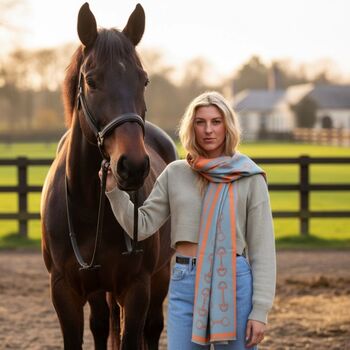 Equestrian Snaffle Bit Print Scarf | Petrol Blue And Orange, 9 of 12