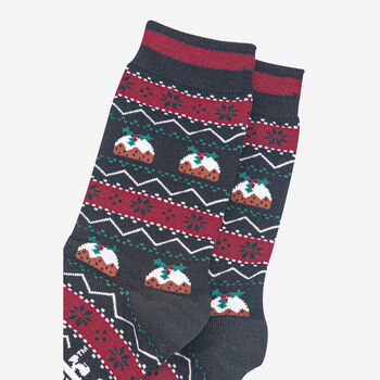 Fair Isle Christmas Pudding Men's Bamboo Socks Black Red, 3 of 4