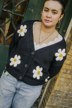 Black Crochet Bobble Applique Relaxed Daisy Cardigan, 6 of 8