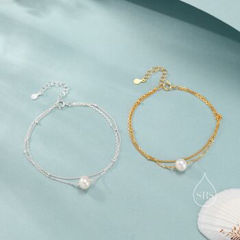 Sterling Silver Dainty Natural Pearl Double Layer Bracelet, 7 of 12