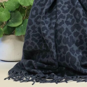 Winter Leopard Blanket Scarf In Navy Blue, 3 of 3