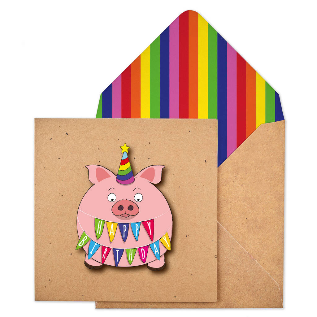 Handmade Happy Birthday Party Pig Greeting Card, 1 of 5