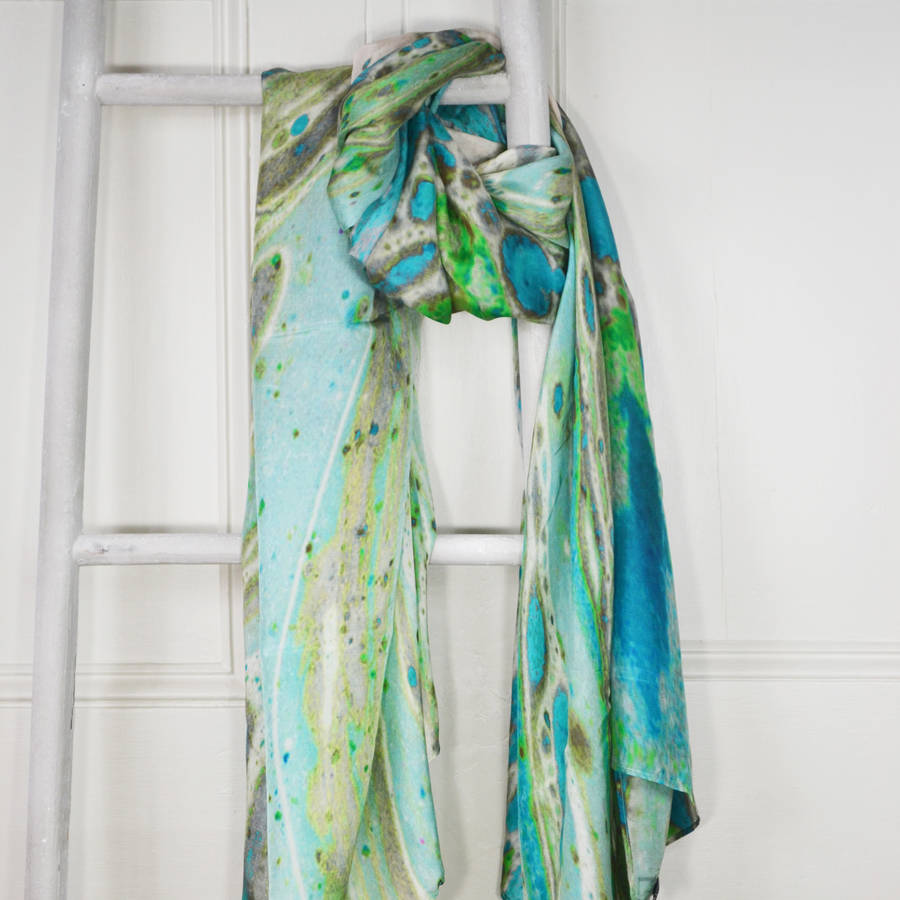 Chalcedony Aqua Marble Print Silk Scarf By Edition de Luxe ...